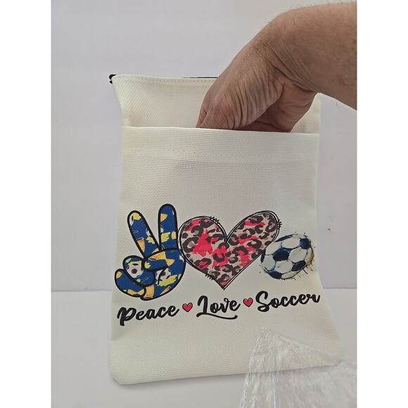 Make Up Bag Book Bag Canvas 'Peace - Love - Soccer' - Extra Pocket - Picture 5 of 7